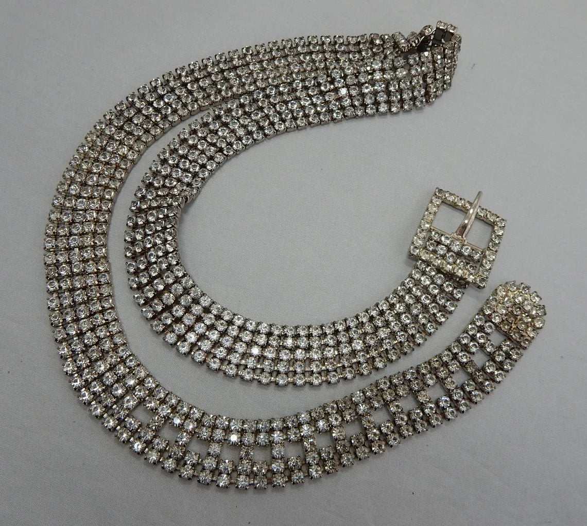 Vintage Rhinestone Silver Belt with Buckle, 1960s–70s