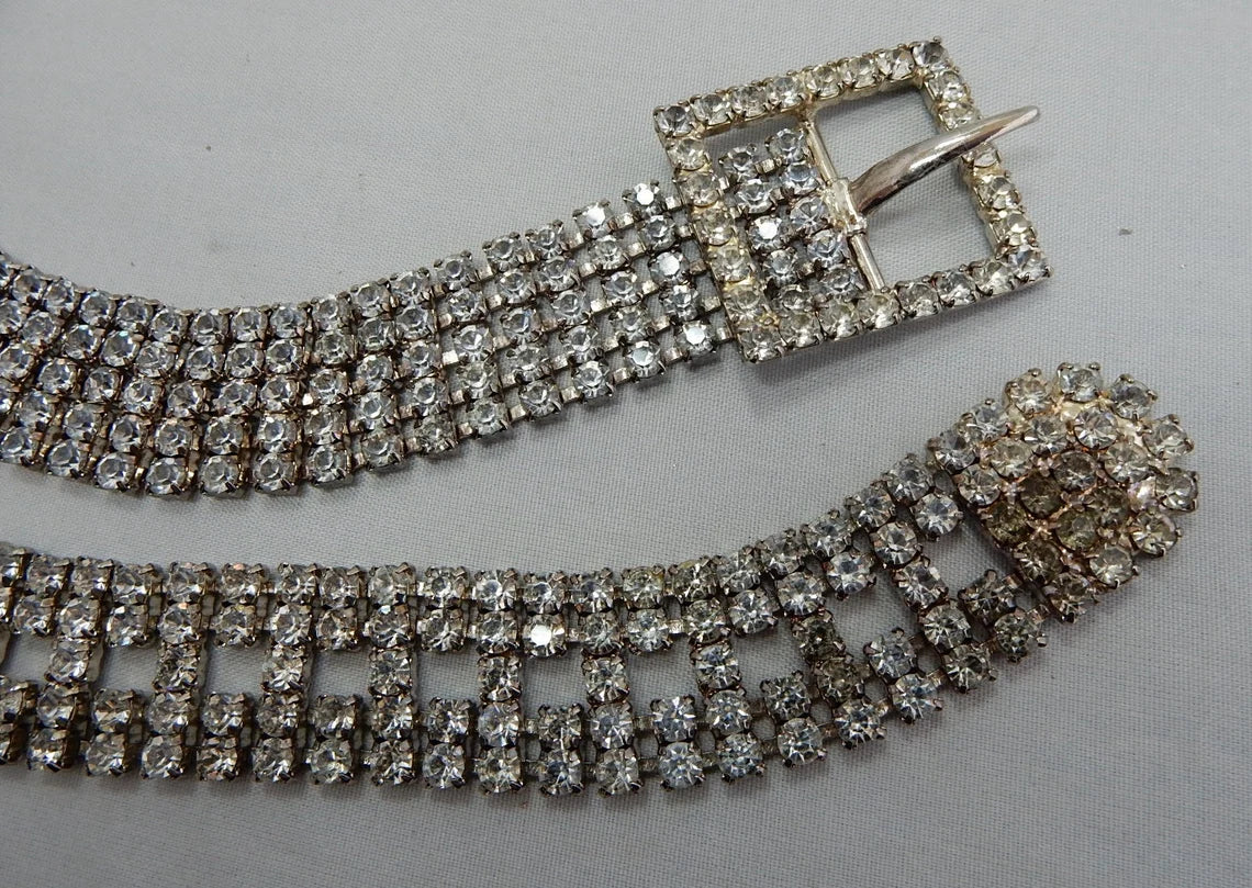 Vintage Rhinestone Silver Belt with Buckle, 1960s–70s