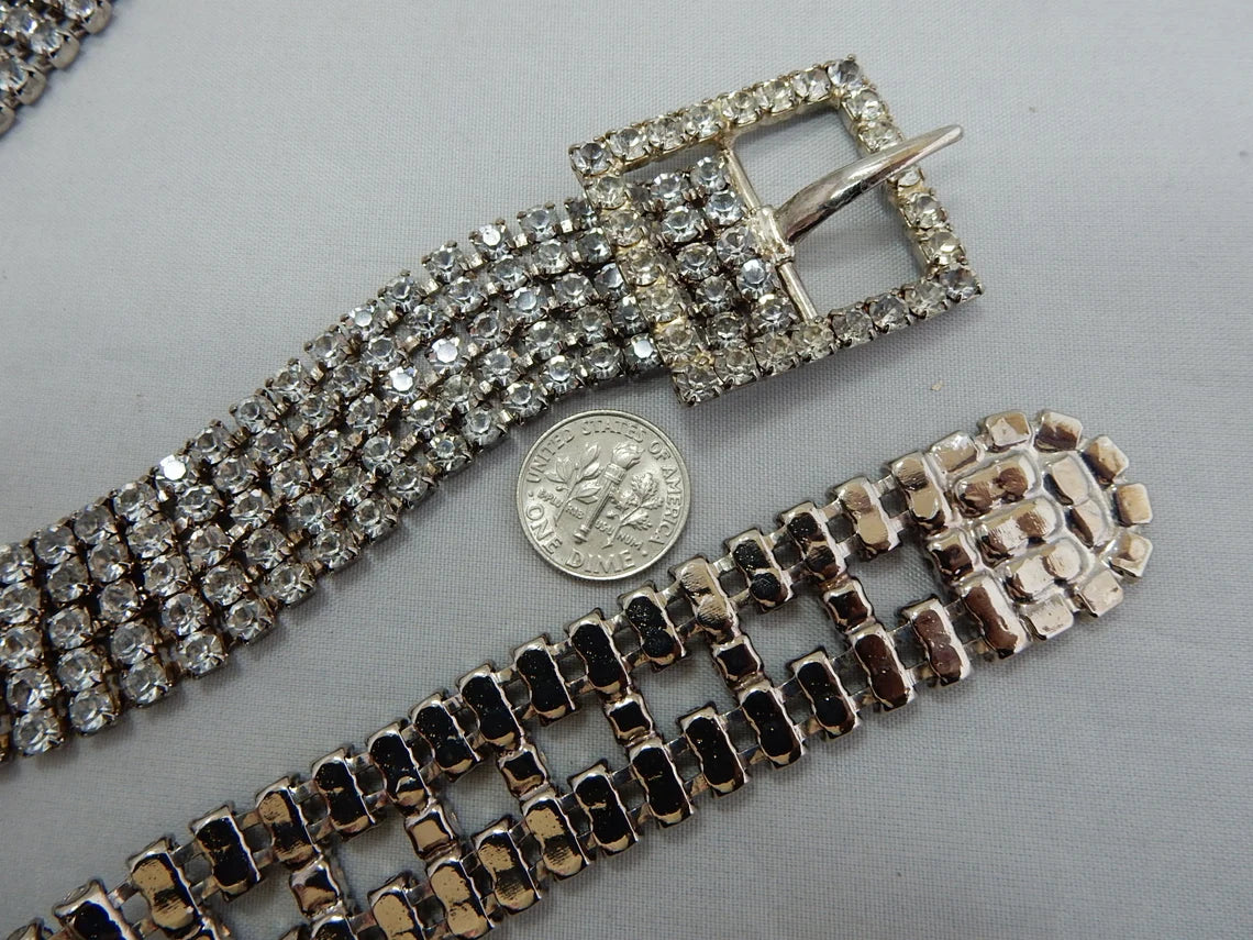 Vintage Rhinestone Silver Belt with Buckle, 1960s–70s