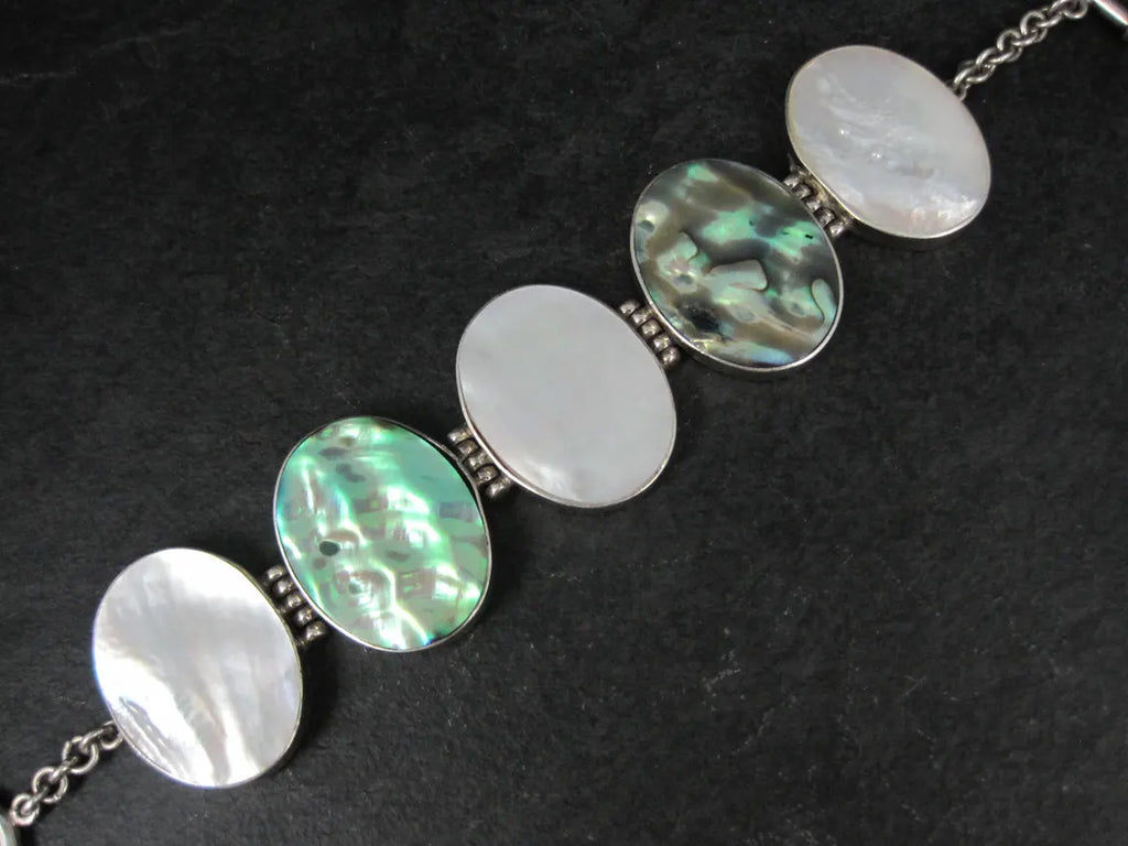 Vintage Sterling Silver Mother of Pearl and Abalone Toggle Bracelet, 8"