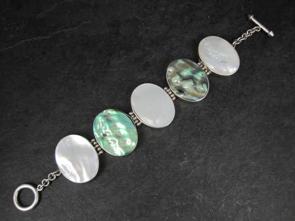 Vintage Sterling Silver Mother of Pearl and Abalone Toggle Bracelet, 8"