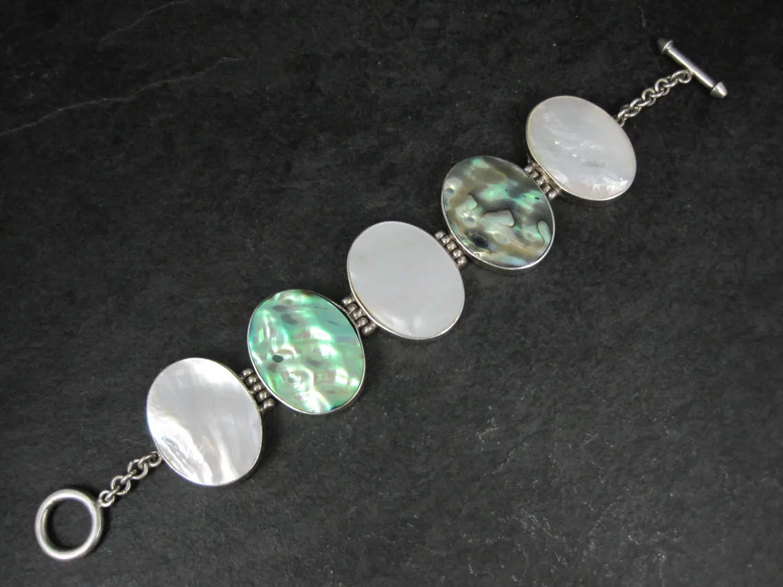 Vintage Sterling Silver Mother of Pearl and Abalone Toggle Bracelet, 8"