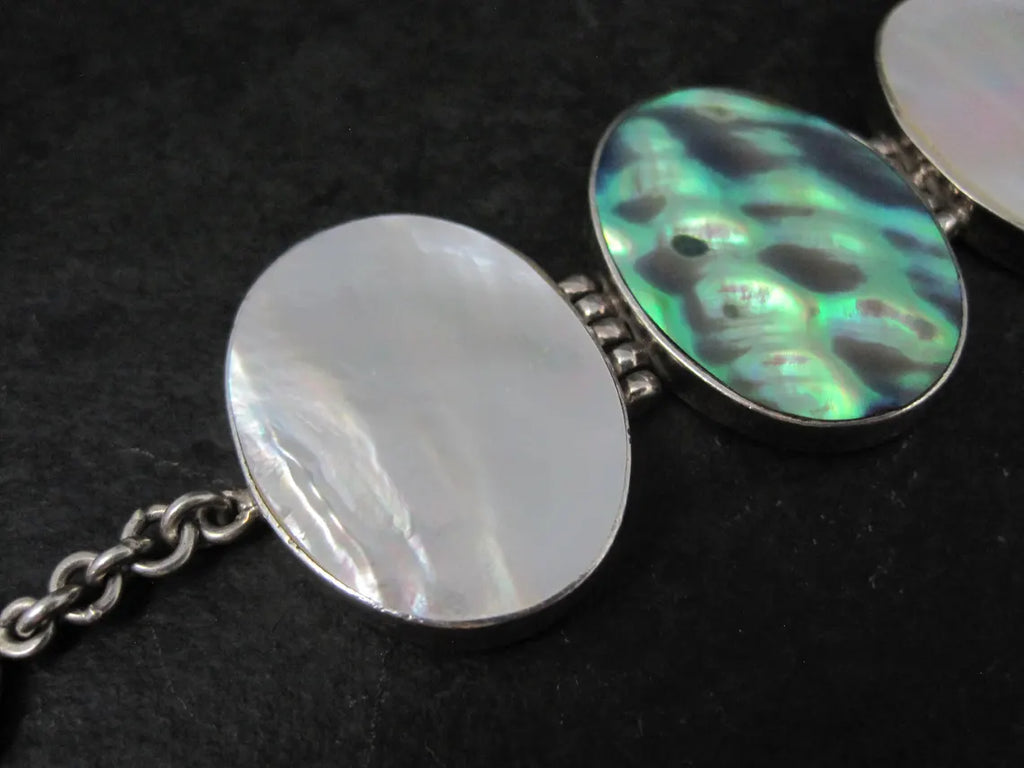 Vintage Sterling Silver Mother of Pearl and Abalone Toggle Bracelet, 8"