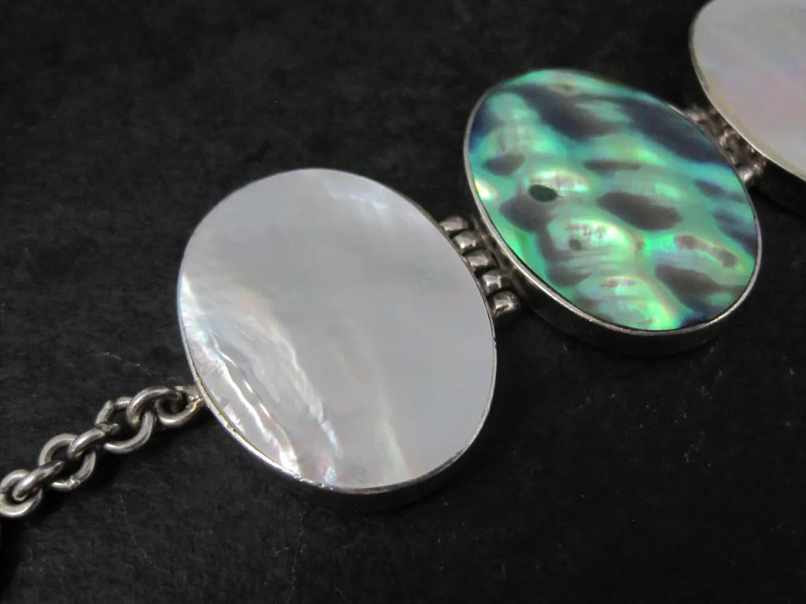 Vintage Sterling Silver Mother of Pearl and Abalone Toggle Bracelet, 8"