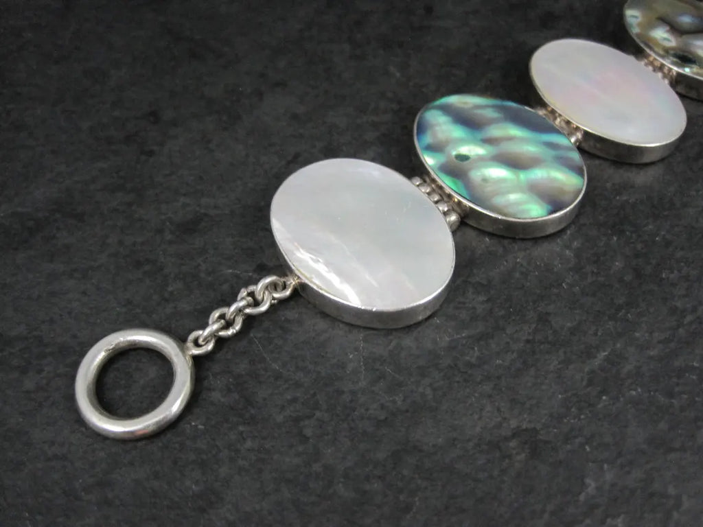 Vintage Sterling Silver Mother of Pearl and Abalone Toggle Bracelet, 8"