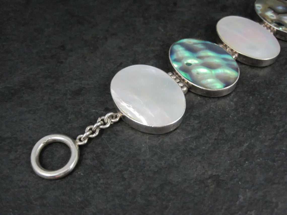 Vintage Sterling Silver Mother of Pearl and Abalone Toggle Bracelet, 8"