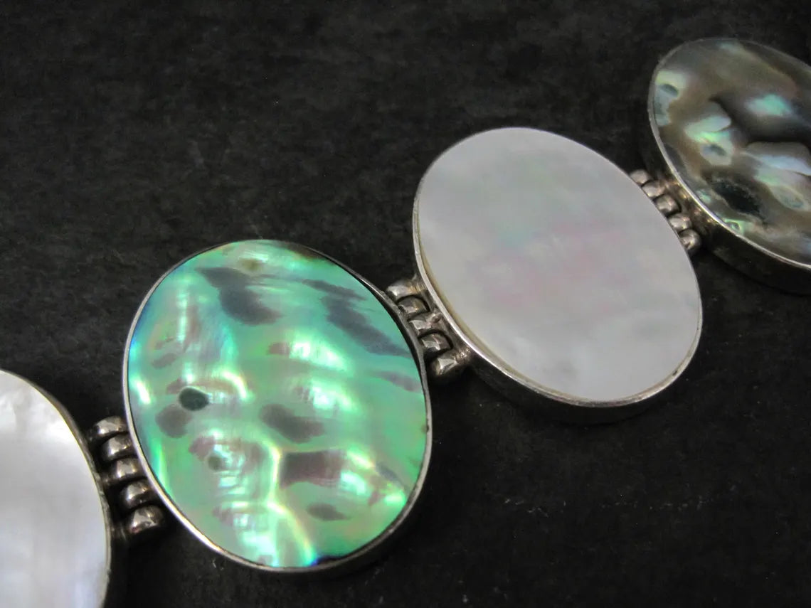 Vintage Sterling Silver Mother of Pearl and Abalone Toggle Bracelet, 8"