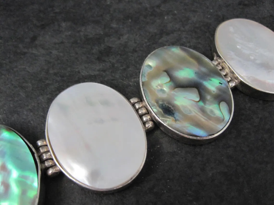 Vintage Sterling Silver Mother of Pearl and Abalone Toggle Bracelet, 8"