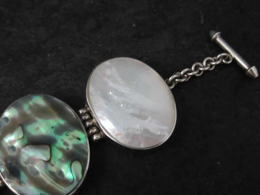 Vintage Sterling Silver Mother of Pearl and Abalone Toggle Bracelet, 8"