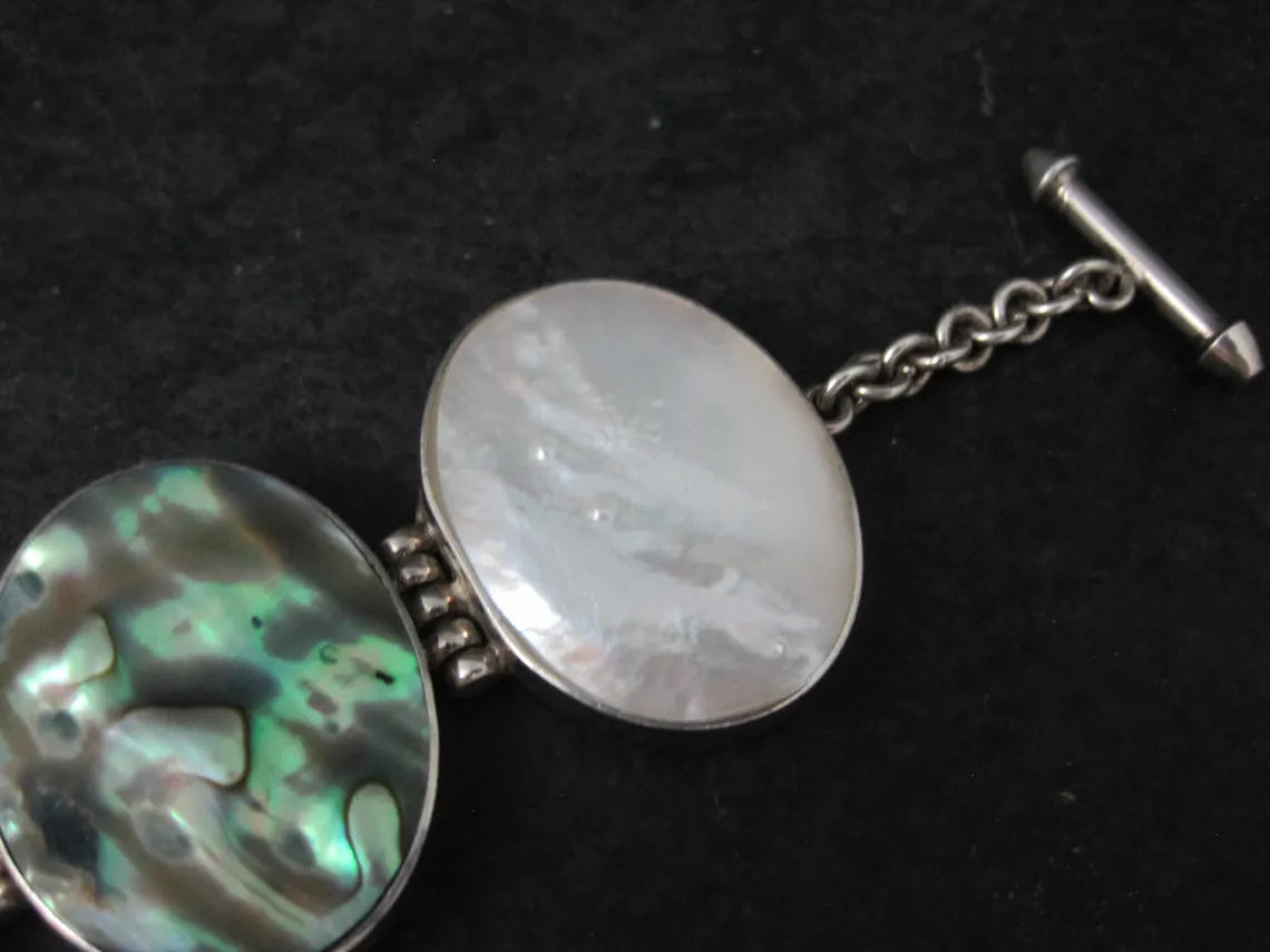 Vintage Sterling Silver Mother of Pearl and Abalone Toggle Bracelet, 8"