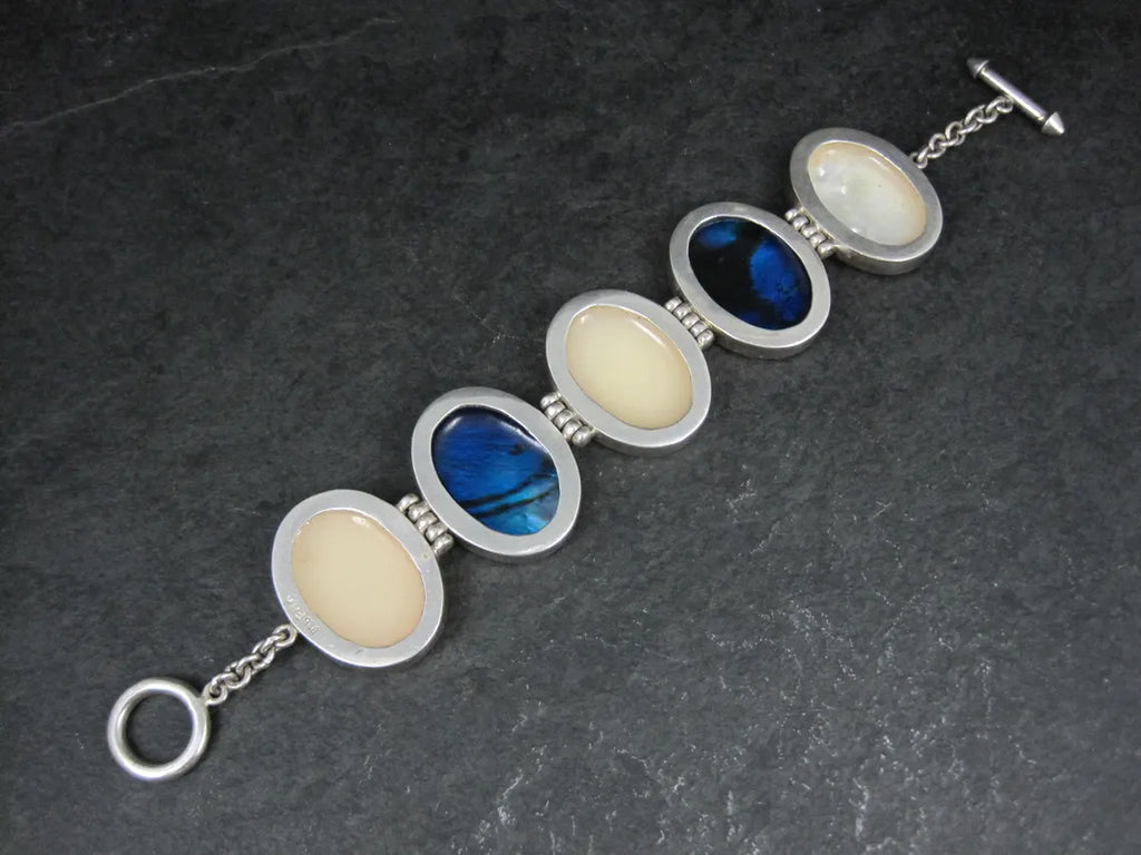 Vintage Sterling Silver Mother of Pearl and Abalone Toggle Bracelet, 8"