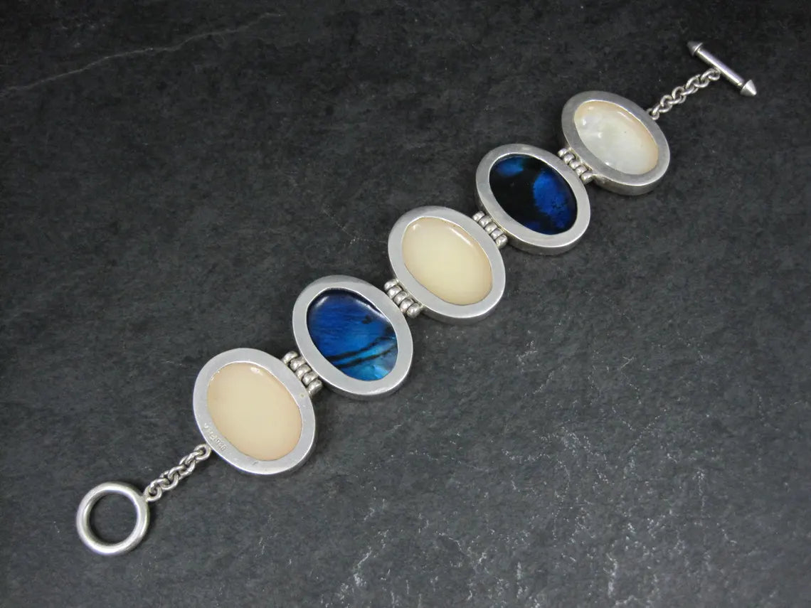 Vintage Sterling Silver Mother of Pearl and Abalone Toggle Bracelet, 8"