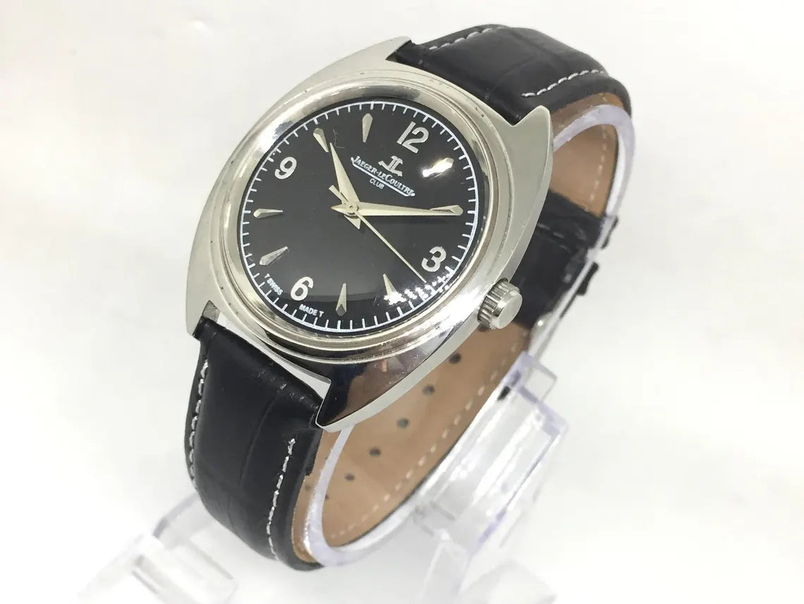 Vintage 1970s Jaeger LeCoultre Club — Black Dial, Black Leather Band, Manual-Winding