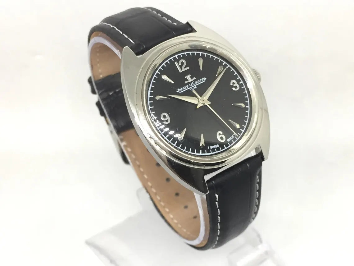 Vintage 1970s Jaeger LeCoultre Club — Black Dial, Black Leather Band, Manual-Winding