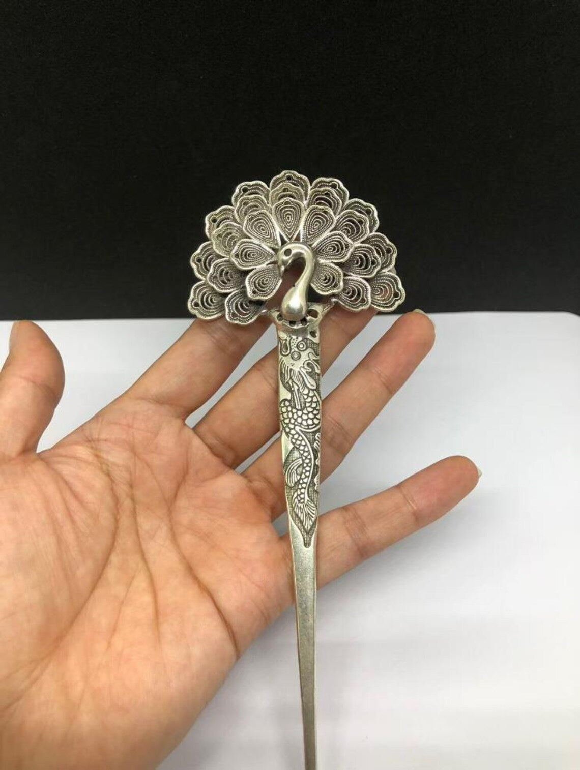Vintage Tibetan Silver Peacock Statue Pattern Hairpin