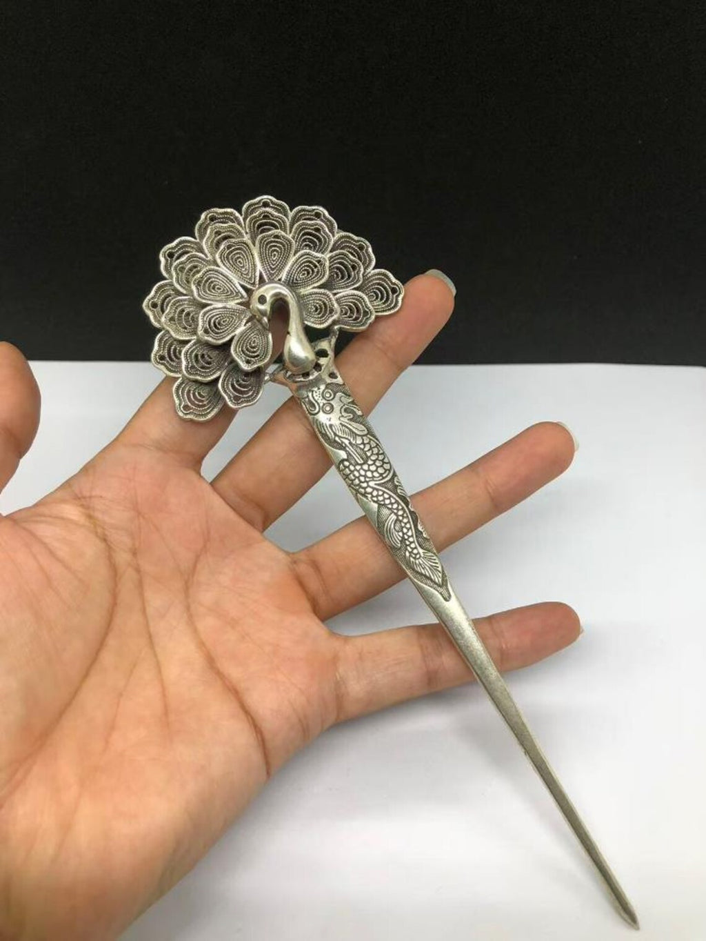Vintage Tibetan Silver Peacock Statue Pattern Hairpin
