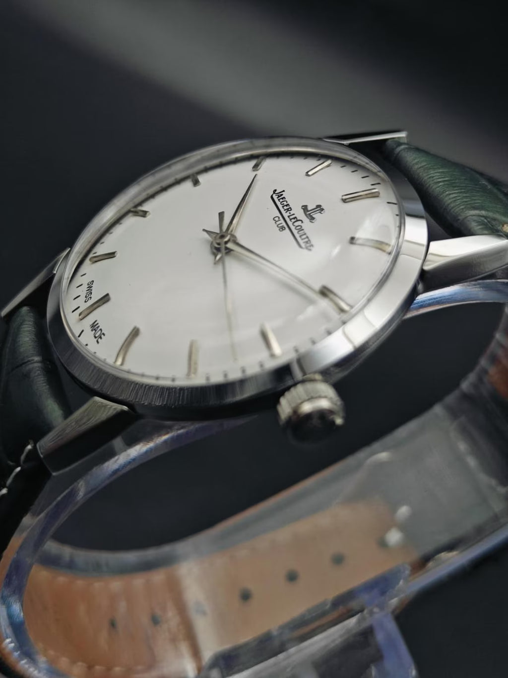 Vintage 1970s Jaeger LeCoultre Club — White Dial, Manual Wind, Green Leather Band
