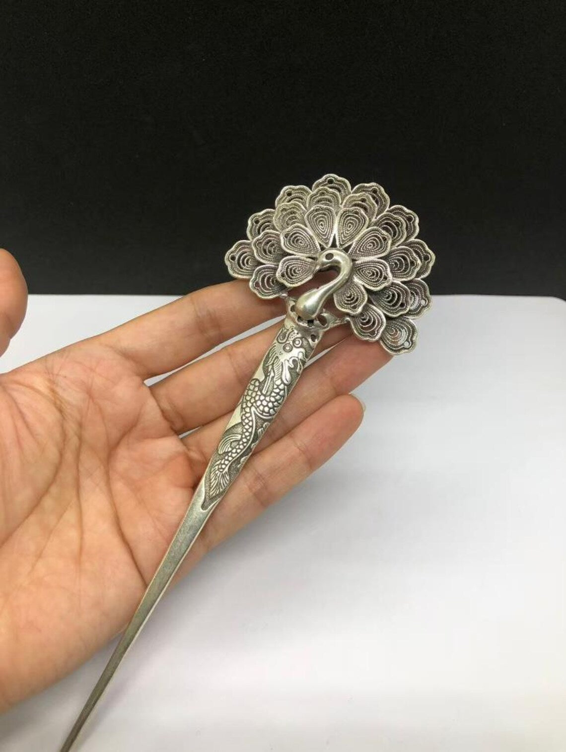 Vintage Tibetan Silver Peacock Statue Pattern Hairpin
