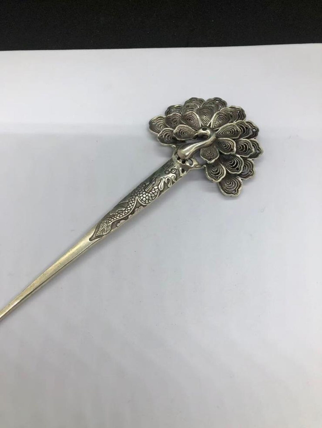 Vintage Tibetan Silver Peacock Statue Pattern Hairpin