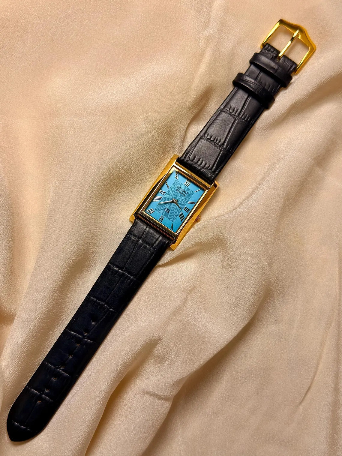 Vintage Seiko Quartz Tank Watch — Gold Rectangular Case, Turquoise Blue Dial