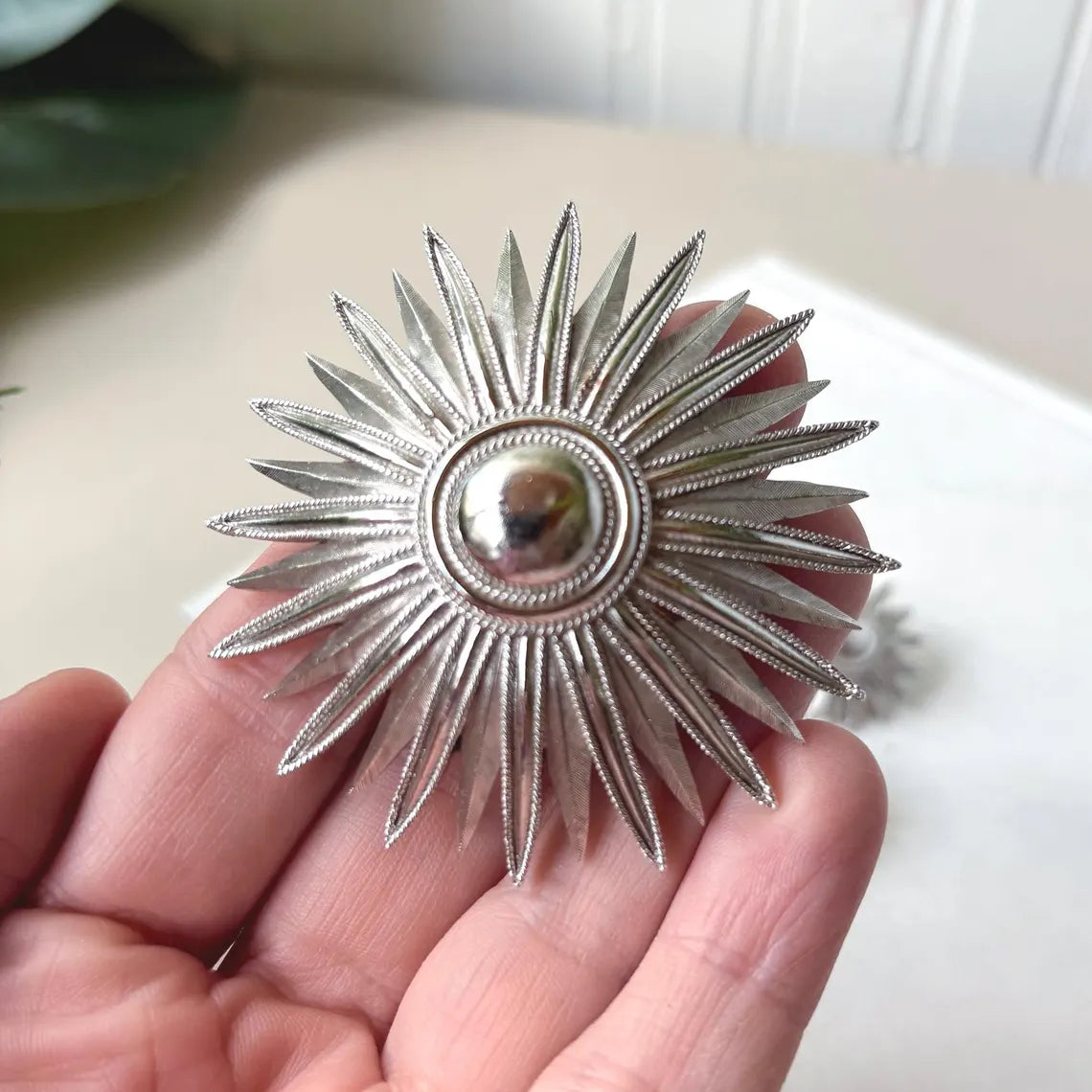 Crown Trifari Starburst Brooch and Clip-On Earrings Set — Vintage 1960s MCM Silver Tone