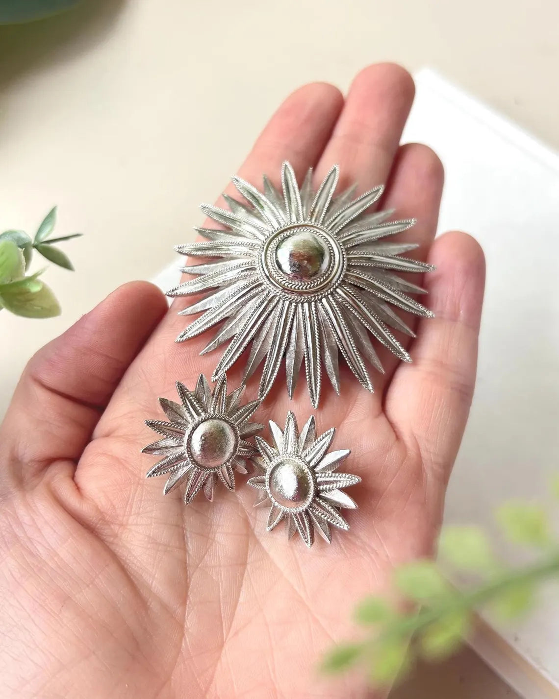 Crown Trifari Starburst Brooch and Clip-On Earrings Set — Vintage 1960s MCM Silver Tone