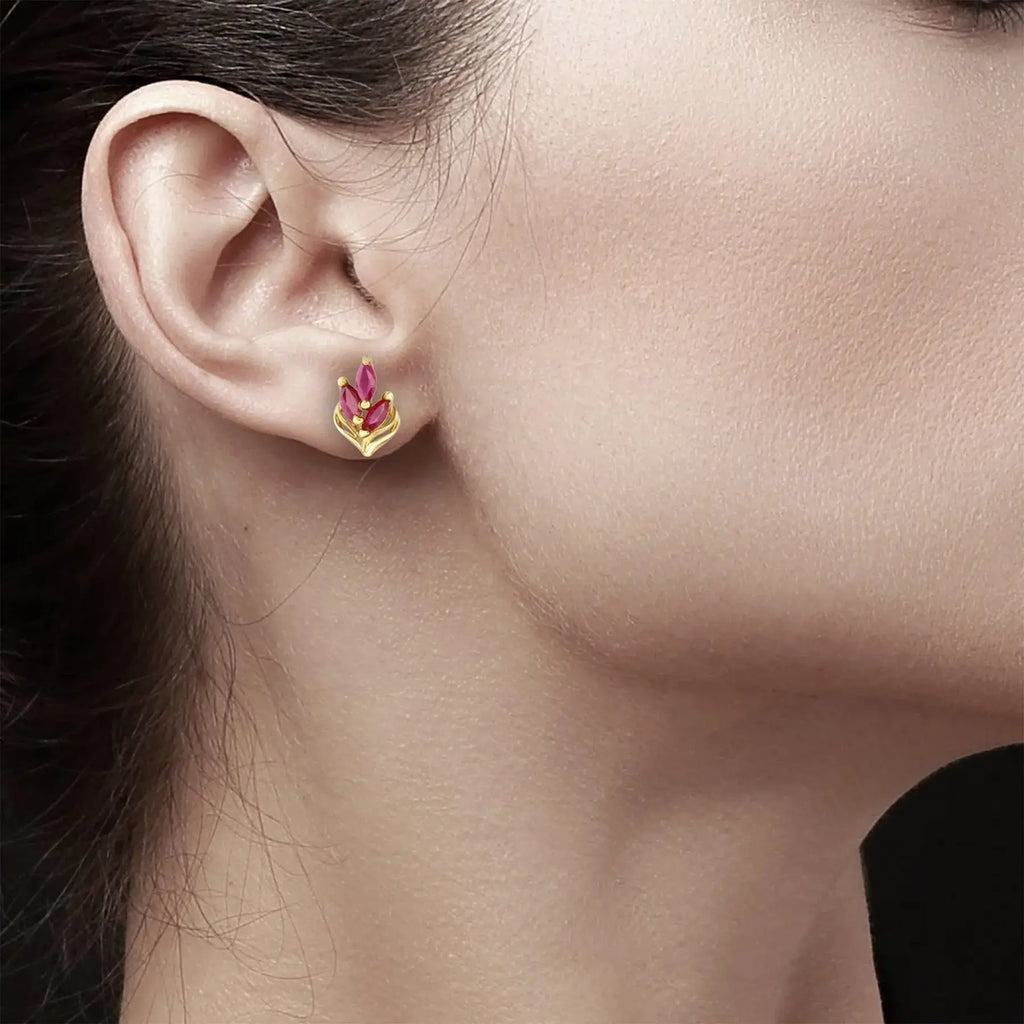 Marquise Ruby Leaf Style Stud Earrings, 14k Yellow Gold