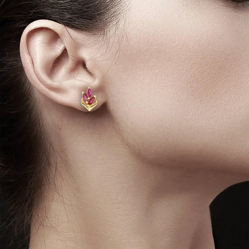 Marquise Ruby Leaf Style Stud Earrings, 14k Yellow Gold