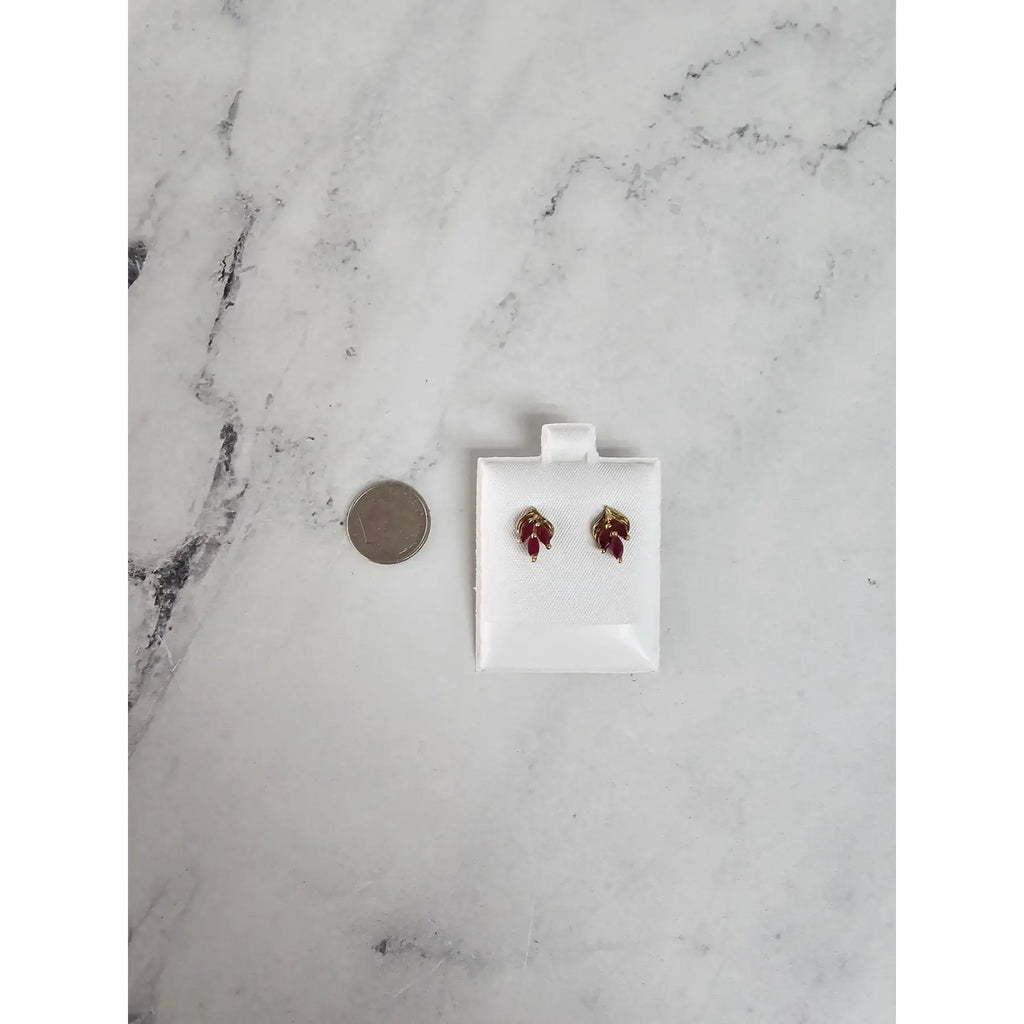 Marquise Ruby Leaf Style Stud Earrings, 14k Yellow Gold