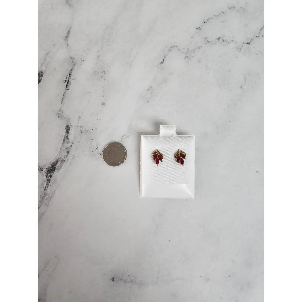 Marquise Ruby Leaf Style Stud Earrings, 14k Yellow Gold