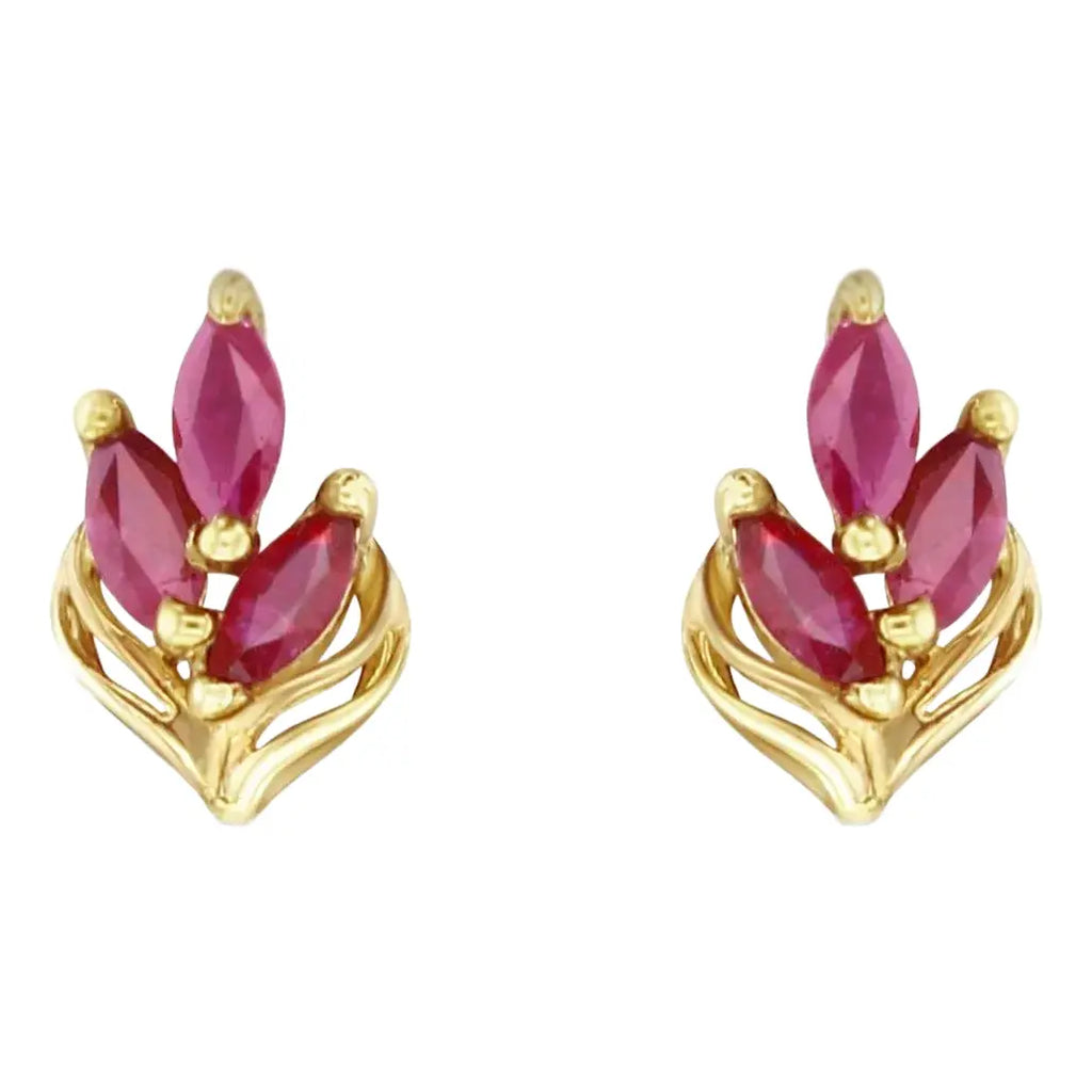 Marquise Ruby Leaf Style Stud Earrings, 14k Yellow Gold