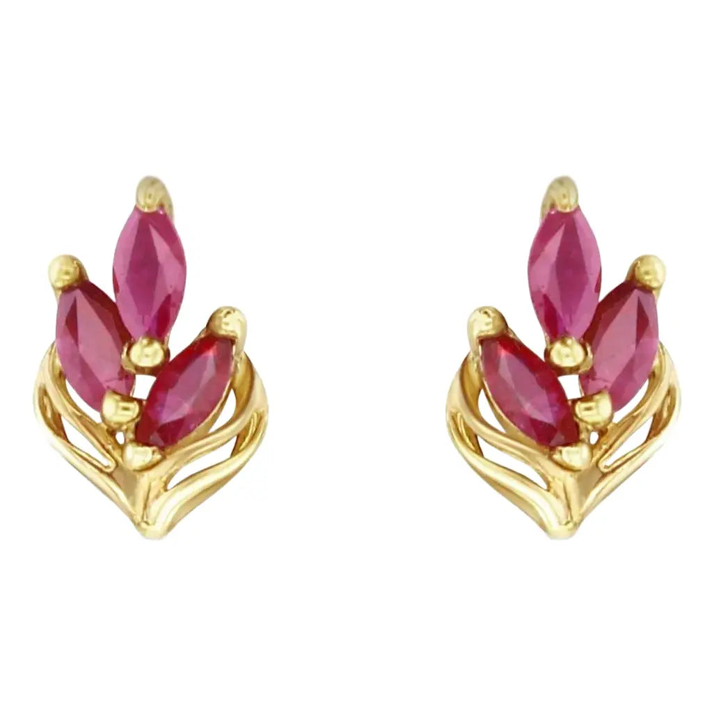 Marquise Ruby Leaf Style Stud Earrings, 14k Yellow Gold